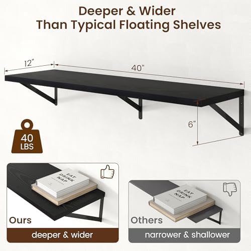 Axeman Deep Floating Shelves - 40 Inch Black Floating Shelves Set of 2-12 Inch Deep Wood Wall Shelves for Living Room Ba