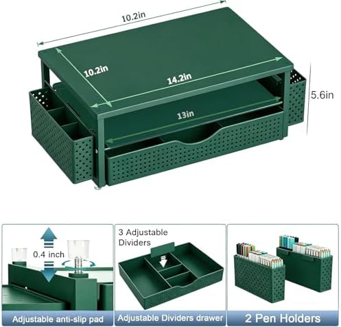 Spacrea Computer Monitor Stand with Drawer and 2 Pen Holders, Green