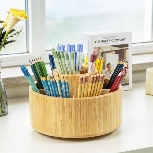 Utoplike Large Bamboo Rotating Pencil Holder, 360° Colored Pen Organizer