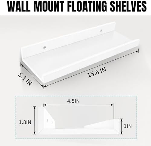 LaVie Home Floating Shelves for Wall Storage Set of 4, 15.6 Inch Picture Ledge Shelf, White Wall Shelves with Lip for Kitchen, Bedroom, Bathroom, and Living Room