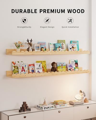 Shario Nursery Book Shelves, 4-Pack Wood Floating Shelves for Wall Kids, Scalloped Shelves, Wall Book Shelves for Bedroo