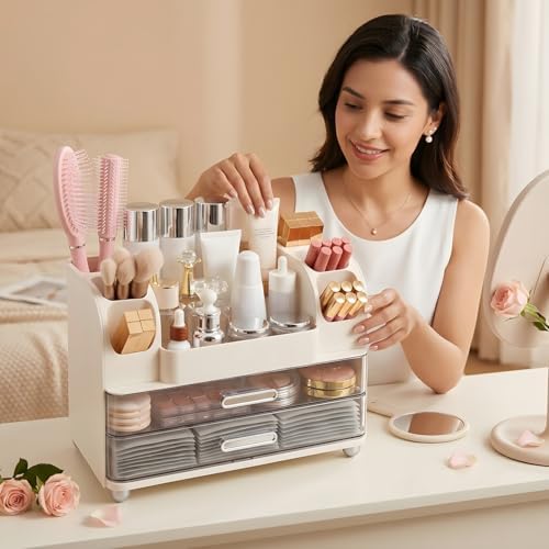 Makeup Organizer for Vanity with 2 Large Drawers and 6 Brush Holders, White