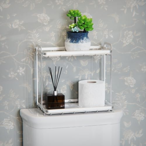 Counter Organizer for Bathroom, Kitchen or Coffee Bar, Metal Shelf with Faux Marble, Vanity Countertop Makeup Storage, D