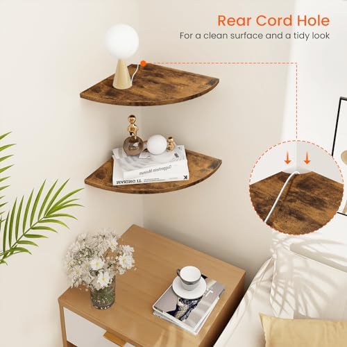 Homode Corner Shelf Wall Mount, 12 Inch Wood Floating Corner Shelves with Cord Hole, Set of 2 Large Corner Hanging Shelv