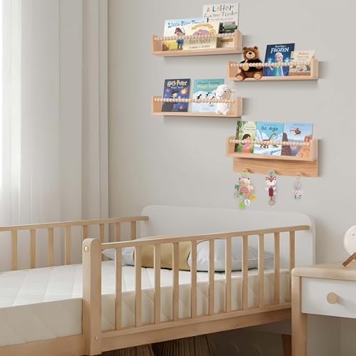 BOMID Wall Bookshelves,Set of 4 Natural Wood Floating Bookshelf,Nursery Shelves,Floating Book Shelves for Wall(Burlywood)