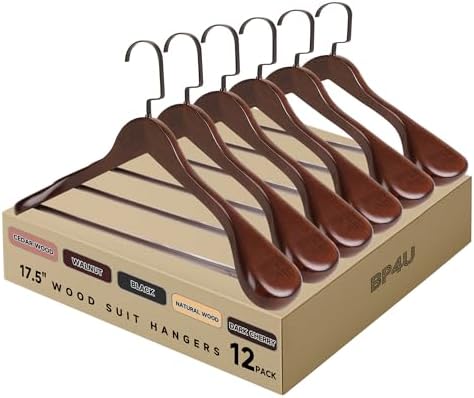 Wooden Suit Hangers with Non Slip Pants Bar, Walnut, 12-Pack, 17.5"