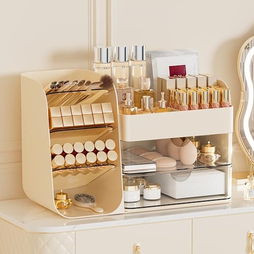 Makeup Organizer with 2 M Drawers & Brush Holders - Cosmetic Storage Case for Vanity, Bathroom Countertop & Desk - Skinc