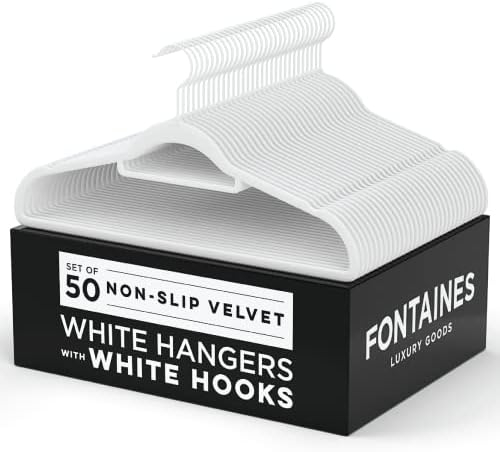 Fontaines Luxury White Velvet Felt Non Slip Clothes Hangers 50 Pack - Ultra Slim & Space Saving - Heavy Duty Swivel Hook for Clothing, Suit, Top, Tie, Shirt, Skirt & Pant Organization