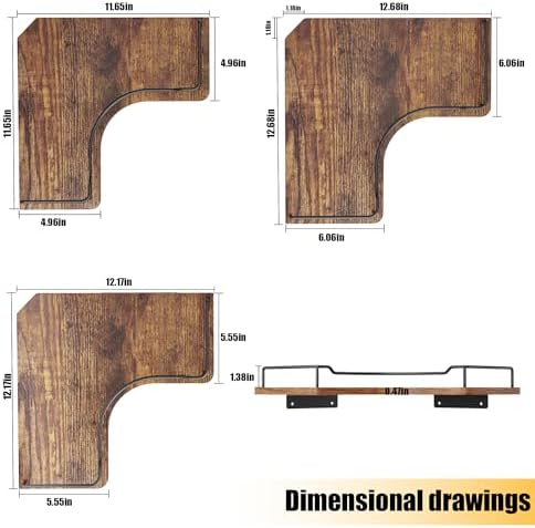 L-Shaped Corner Floating Shelves Wall Mounted Set of 3,Brown