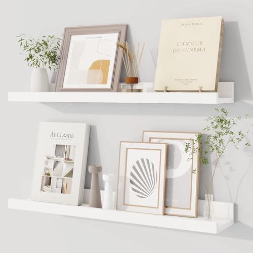 Dreamland Picture Ledge Shelf for Wall, Floating Shelves Set of 2, 24 Inch Long Floating Shelves with Lip for Living Room, Bedroom, Bathroom, Kitchen, White