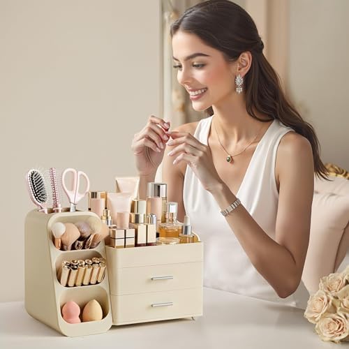 HBlife Makeup Organizer with Brush Holder for Vanity, Large Plastic Bathroom Countertop Organizer Skin Care Storage, Eas