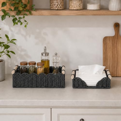 2 Pack Scalloped Paper Rope Toilet Paper Baskets with Wood Handles