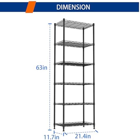 REGILLER 6 Wire Shelving Steel Storage Rack Adjustable Unit Shelves for Laundry Bathroom Kitchen Pantry Closet(Black,11.