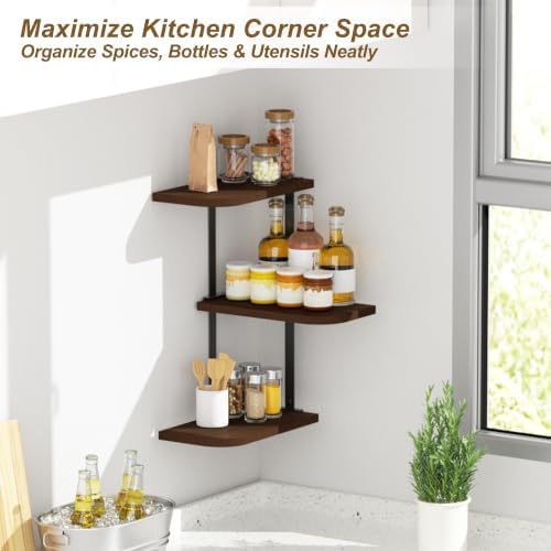 Love-KANKEI Large Corner Shelf 3-Tier, Solid Wood&Bracket, 17" Tall, Walnut
