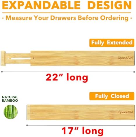 SpaceAid 4 Pack Bamboo Drawer Dividers with Labels, Kitchen Adjustable Drawer Organizers, Expandable Organization for Home Clothes Dressers (17-22 in, Natural)