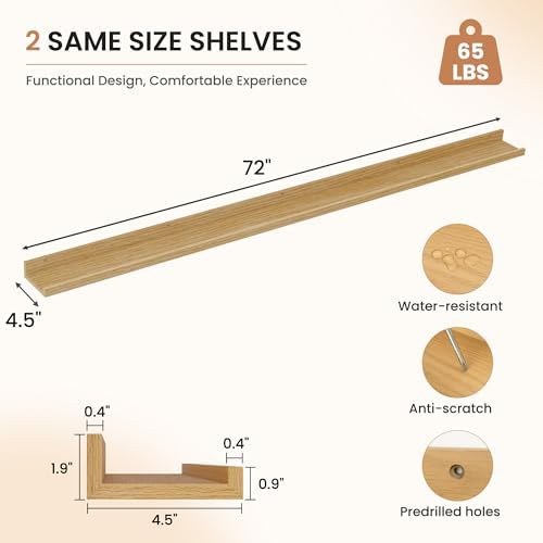 Dreamland Picture Ledge Shelf for Wall, Floating Shelves Set of 2,72 inch Long Floating Shelves with Lip for Living Room,Bedroom,Bathroom,Kitchen,Oak