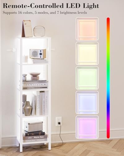 Open Book Shelf with LED Lights, 5 Tier Tall Bookshelf, Freestanding Shelf Narrow Bookcase with Open Shelves, 14.96" x 1