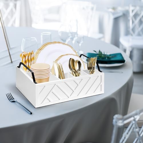 Ukonvi Paper Plate Dispenser and Holder for Kitchen Counter, Wood Rustic Silverware Utensil Caddy, Cutlery Flatware Orga
