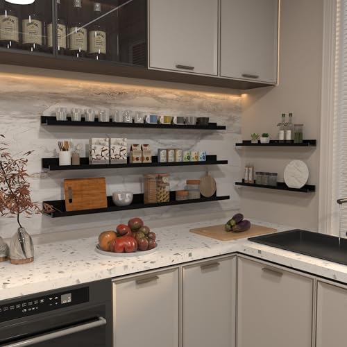 Giftgarden 47 Inch Long Floating Shelves for Wall Set of 5, Black Wood Wall Shelves for Bathroom, Bedroom, Kitchen, Livi