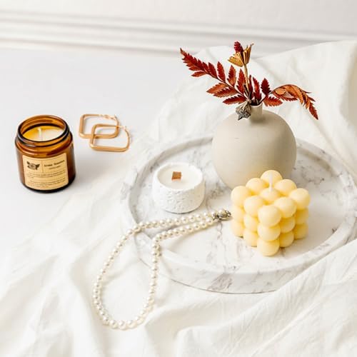 Natural Marble Decorative Tray for Bathroom Bedroom Kitchen Dresser, Round Vanity Trays for Jewelry, Perfume, Cosmetic, 