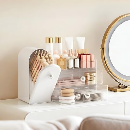 lurcns Makeup Organizer with Dustproof Brush Holder for Vanity, Large Cosmetics Organizer and Bathroom Countertop Skinca
