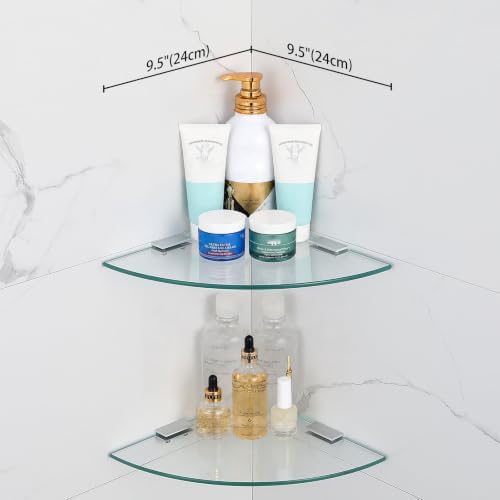 2-Pack Glass Corner Shower Shelves with Aluminium Brackets, 9.5 X 9.5 Tempered Glass Bathroom Shelf, Wall Mounted Organi