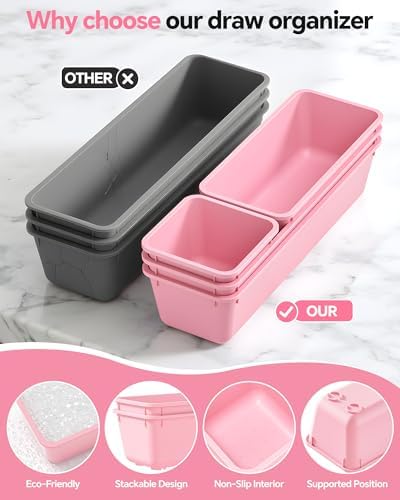 Canfanni 13 Pack Plastic Drawer Organizers Set, 3 Sizes Desk Drawer Organizer Trays for Vanity and Makeup Organizer, Organization and Storage for Makeup, Kitchen Utensils, Bathroom and Office(Pink)