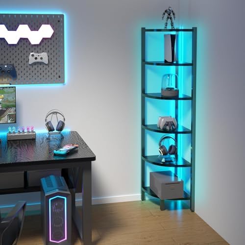 Corner Shelf with LED Lights, 6-Tier Corner Bookshelf, 66'' Organizer Book Shelf Shelves Steel Frame Display Stand with 