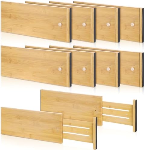 DoubleFill 8 Pcs Deep Bamboo Drawer Dividers, Deep Kitchen Dresser Drawer Organizer with Spring Loaded for Clothes, Adju