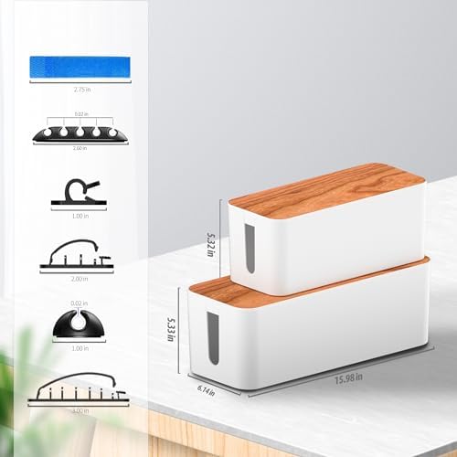 Cable Management Box 2 Pack with 16 Cable Clips Set-Large & Medium & Small Wooden Style Cable Organizer Box to Hide Wire