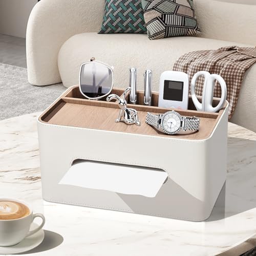 PU Leather Tissue Box Cover Rectangular with Storage Organizer, Multifunctional Remote Control Holder, Desk Organizer fo