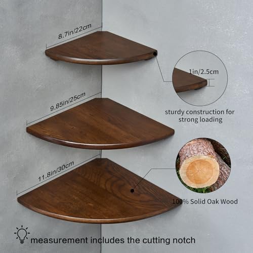 Corner Shelves, Floating Corner Shelf, Set of 3 Solid Oak Wood Corner Wall Shelves, Round End with Wire Hole Shelving fo