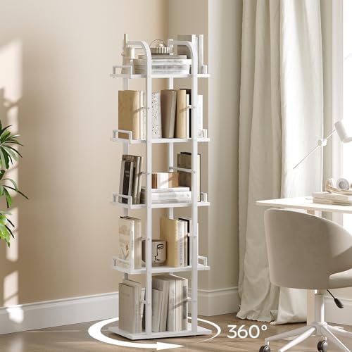 YATINEY 5 Tier Rotating Bookshelf, Freestanding Corner Bookshelf, 360 Spinning Bookcase Tower, Tall Industrial Style Org