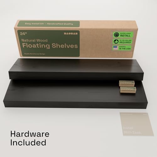 Solid Wood Floating Shelves for Wall 24 inch Black, Wooden Bathroom Shelf