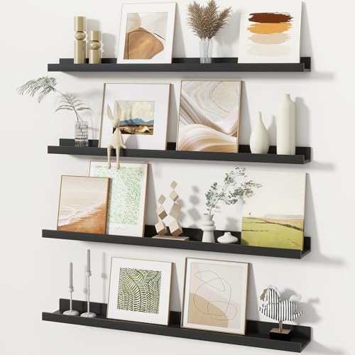 Fun Memories Picture Ledge Shelves Set of 4, 32 Inch Rustic Wall Mounted Floating Shelves with Lip for Home Storage and 