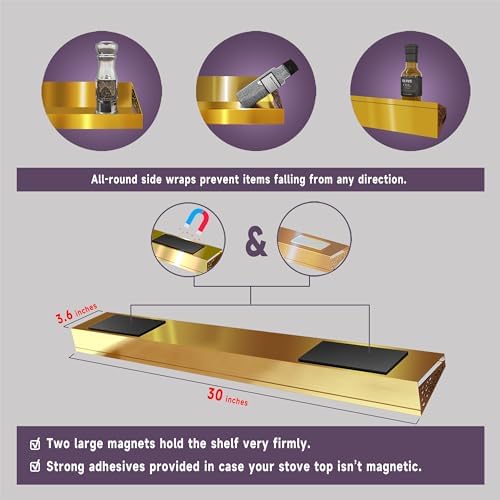 STUTOV 30" Magnetic Stove Top Shelf – Gold Spice Rack and Seasoning Organizer – Kitchen Shelf for Back of Stove – Over S