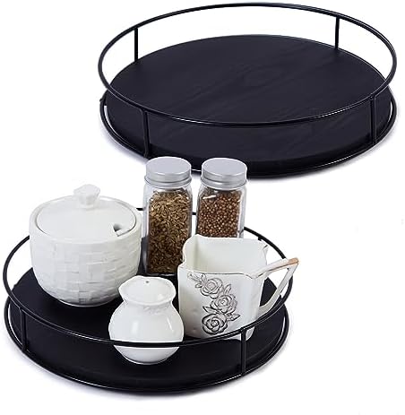 [ 2 Pack ] 9" & 10" Black Wood Lazy Susan Organizers with Steel Sides