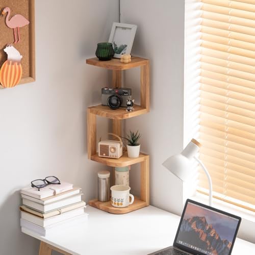 Corner Shelf Stand Desk Organizer,26.8" H Rubberwood Brown Rack for Small Spaces, Bedroom,Home Office,Kitchen,Bathroom (