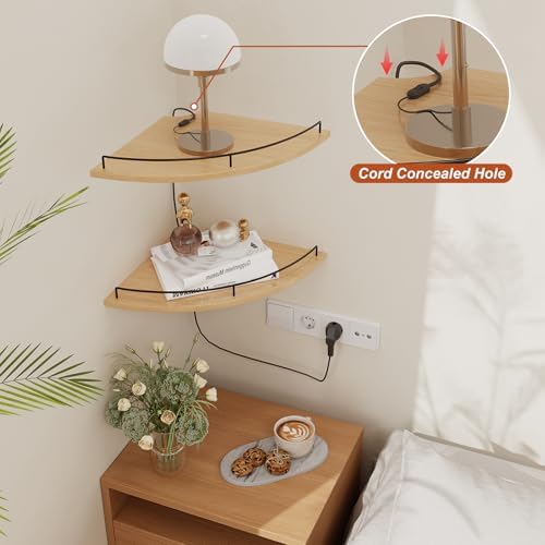 JJL Corner Shelf Wall Mounted, 12 Inches 2-Tier Floating Corner Shelf, Fan-Shaped Rustic Wood Decor with Fence, Natural 