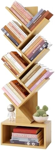 Hoctieon 6 Tier Tree Bookshelf, Tall Bookcase with Drawer, Freestanding Book Shelf, Display Floor Standing Storage Shelf