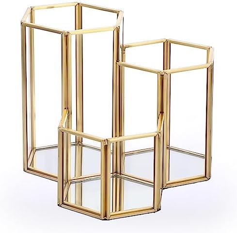 Hipiwe Glass Makeup Brush Holder 3 Slot Gold Desktop Pen Pencil Pot Cup