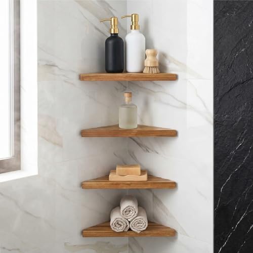 ENKEZI Acacia 2,3,4 Tiers Corner Shower Shelf, Triangular Corner Shelf Wooden Bathroom Shelf for Tiled Wall, Shower Corn