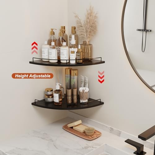 JJL Corner Shelf Wall Mounted, 12 Inches 2-Tier Floating Corner Shelf, Fan-Shaped Rustic Wood Decor with Fence, Black Wa