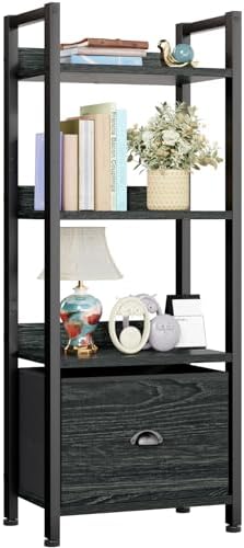 Furologee 4 Tier Bookshelf with Drawer, Small Narrow Bookcase, Black Oak