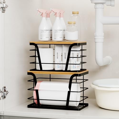 TIDIIABODE 2 Pack Stackable Storage Laundry Kitchen Organizers, Wall Mount Trash Bag Holder with Bamboo Top and Garbage 
