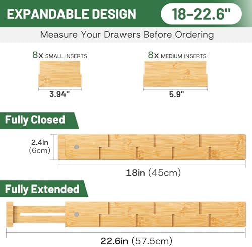 kiplant Kitchen Drawer Dividers - Adjustable Drawer Organizer for Clothes, Kitchen, Closet & Office - 8 Pack with Inserts, 18-22.6 Inches, Non-Slip Silicone Ends
