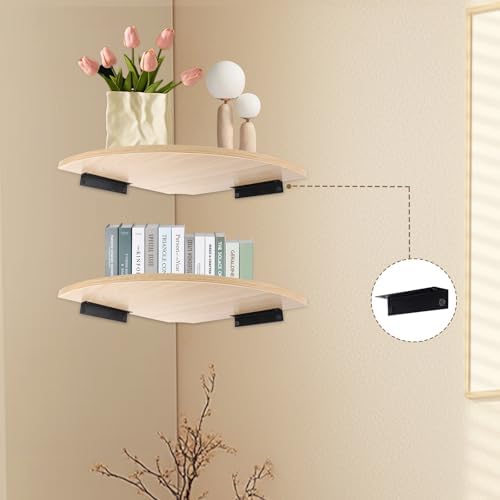 JJL Corner Wall Shelf, 12-Inch Sector Shelf, Set of 2 Wooden Hanging Shelves With Wire Hole for Bedroom Decoration, Ligh