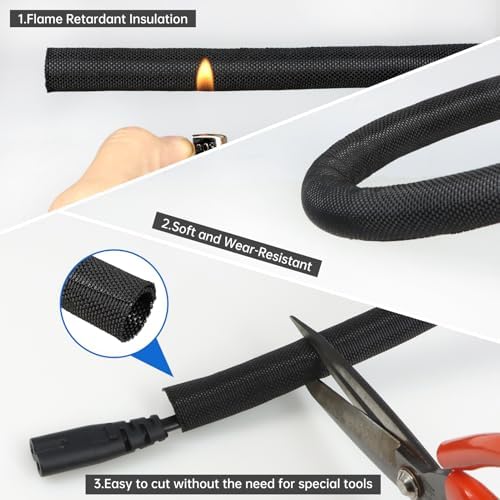 Split Braided Cable Sleeve，Flexible Wire Loom Tubing, Automotive Cord Protector Pet Proof, Cable Management for Computer