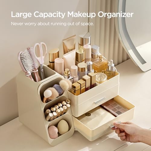 HBlife Makeup Organizer with Brush Holder for Vanity, Large Plastic Bathroom Countertop Organizer Skin Care Storage, Eas