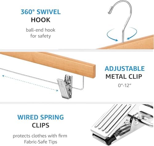 ZOBER Wooden Pants Hangers with Clips, Clothes Hangers, Natural, 10 Pack